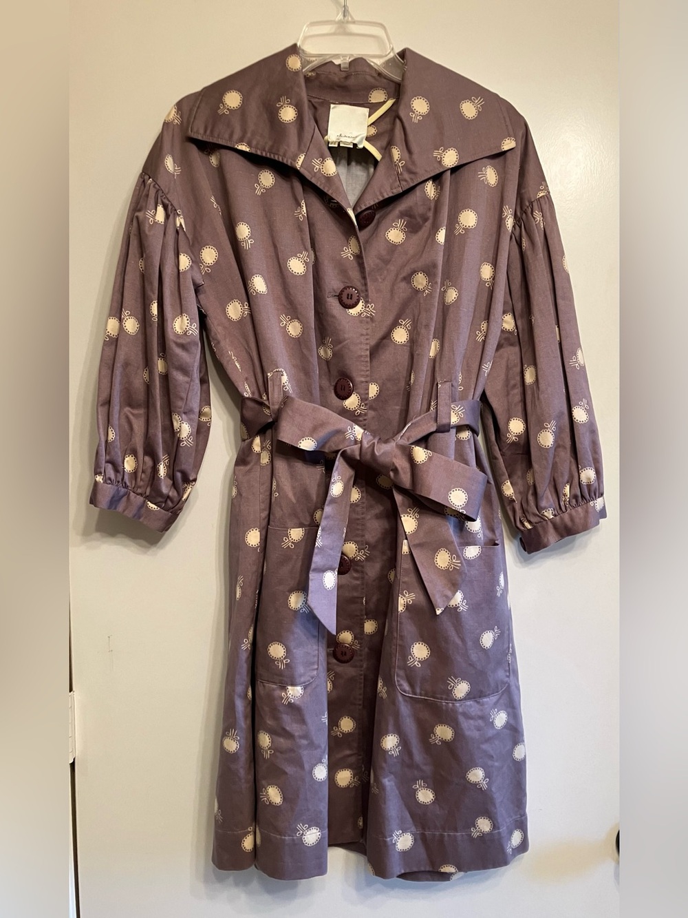 Anthropologie Elevenses "Lila" Dotted Trench Coat Purple Floral Belted Size 4